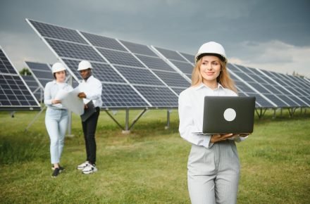 Group of investors together with young lady ecological engineer they analysing the plan of work and the efficient operation of solar batteries.